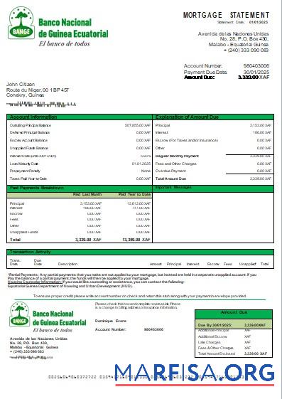 Realistic Equatorial Guinea National Bank bank mortgage statement scr download for verification